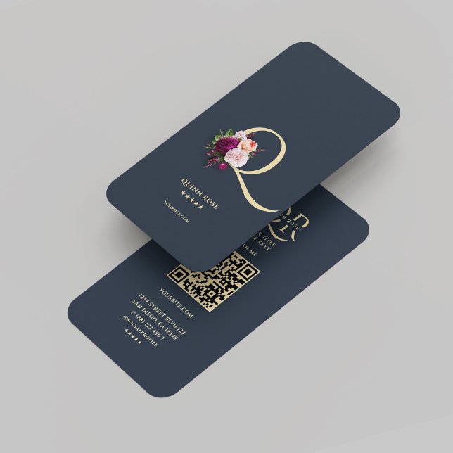 Tarjeta De Visita Monograma moderno Q Dorado azul oscuro floral (Modern Monogram Q Floral Dark Blue Gold Business Card
)