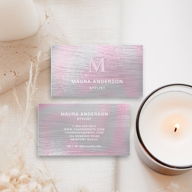 Tarjeta De Visita Monograma moderno rosado cepillado holográfico ele (holographic business card brushed pink monogram shimmer hairdresser stylist coach artist lash nails )