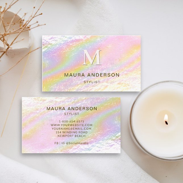 Tarjeta De Visita Monograma moderno rosado cepillado holográfico ele (holographic business card pink rainbow modern hairdresser stylist coach content creator lash nails)