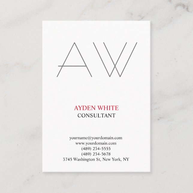 Tarjeta De Visita Monograma moderno simple blanco y negro gris rojo (Anverso)