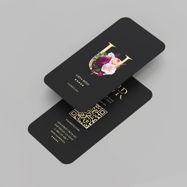 Tarjeta De Visita Monograma moderno U Elegante Floral Oro Negro (Modern Monogram U Elegant Floral Black Gold Business Card
)