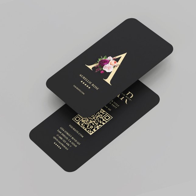 Tarjeta De Visita Monograma Moderno Un Elegante Negro Floral (Modern Monogram A Elegant Floral Black Gold Business Card
)