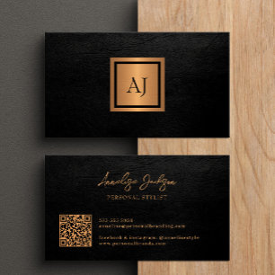 Tarjeta De Visita Monograma moderno único en negrita código QR negro
