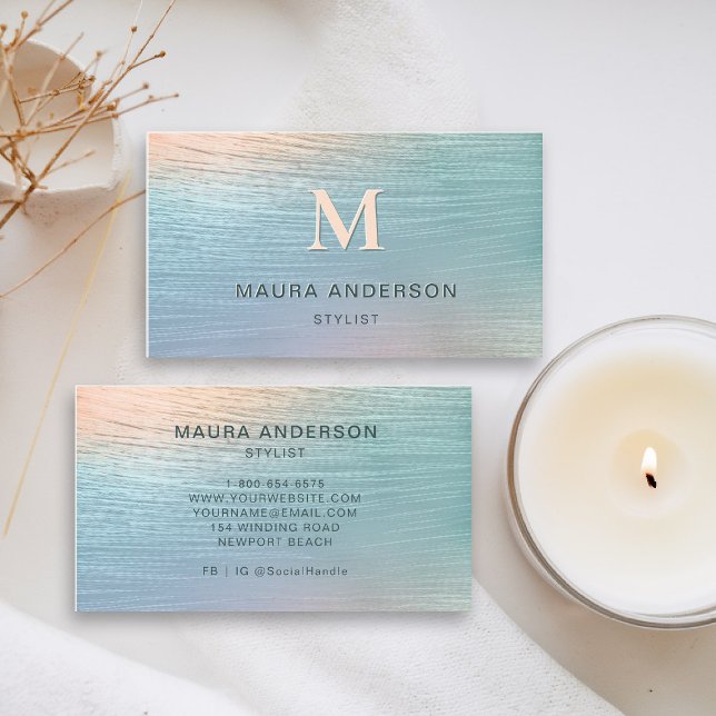 Tarjeta De Visita Monograma moderno Verde azulado cepillado holográf (holographic business card teal pink blush shimmer hairdresser stylist coach artist lash nails makeup)