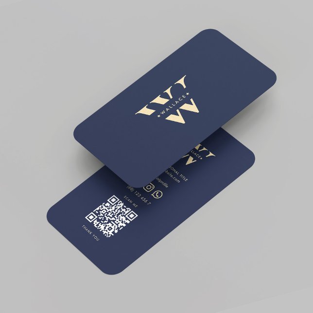 Tarjeta De Visita Monograma moderno W profesional inicial azul oscur (Modern Monogram Logo W Initial Professional Marketing QR Dark Blue Gold Business Card
)