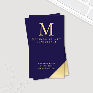Tarjeta De Visita Monograma Navy Blue y Gold Elegant