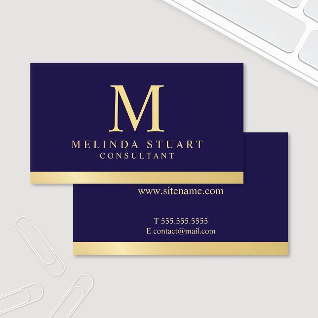 Tarjeta De Visita Monograma Navy Blue y Gold Elegant (Subido por el creador)