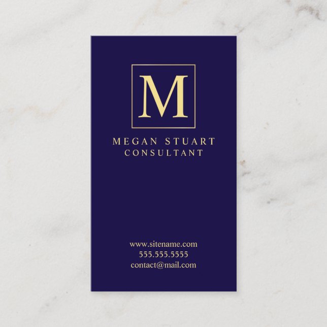 Tarjeta De Visita Monograma Navy Blue y Gold Elegant (Anverso)