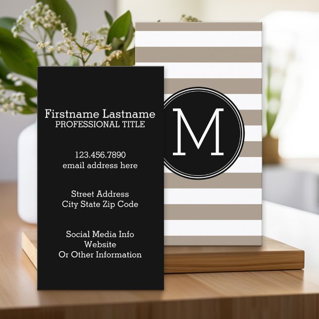 Tarjeta De Visita Monograma negro con taupe y rayas blancas (Custom Printed Business Card)