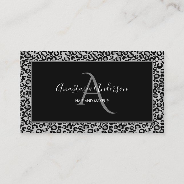 Tarjeta De Visita Monograma negro de Moda divertida de leopardo plat (Anverso)