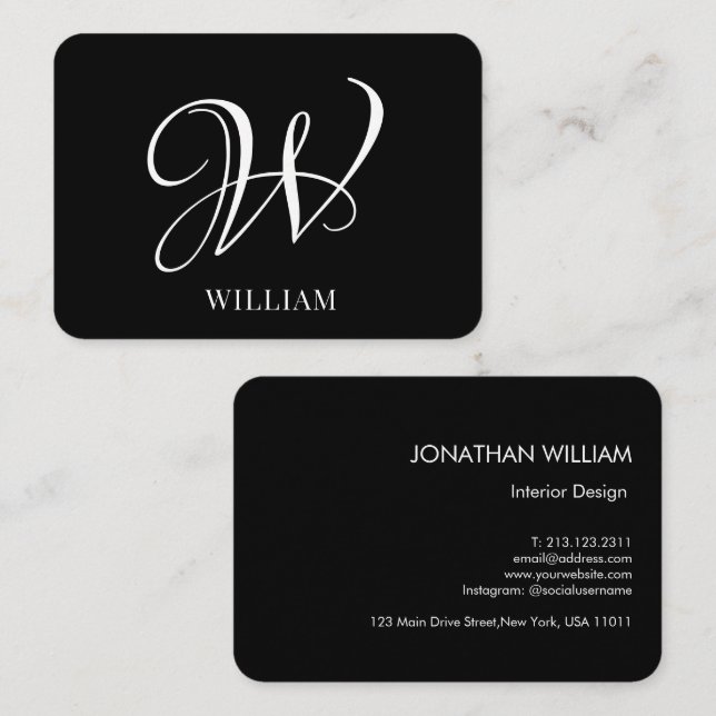 Tarjeta De Visita Monograma negro elegante personalizado inicial (Anverso / Reverso)