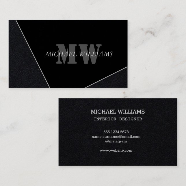 Tarjeta De Visita Monograma negro gris artístico moderno (Anverso / Reverso)