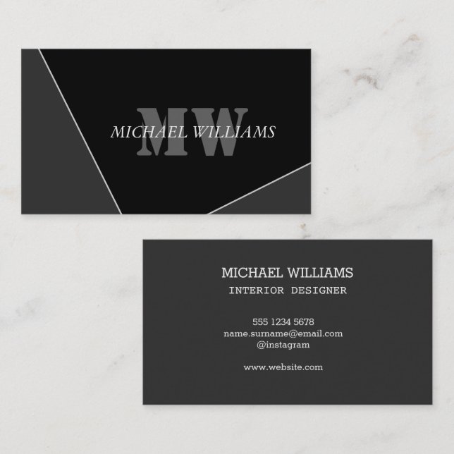 Tarjeta De Visita Monograma negro gris artístico moderno (Anverso / Reverso)