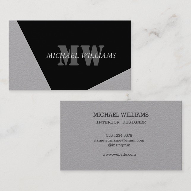 Tarjeta De Visita Monograma negro gris artístico moderno (Anverso / Reverso)