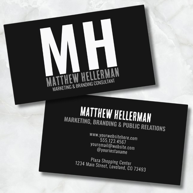 Tarjeta De Visita Monograma negro mínimo profesional moderno simple (Simple Modern Professional Minimal Black Monogram Business Card)