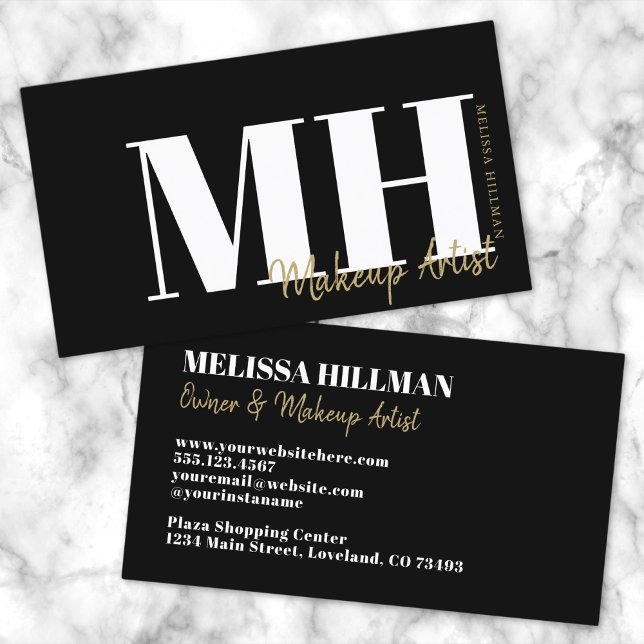 Tarjeta De Visita Monograma negro simple y elegante profesional (Professional Simple Modern Black Gold Monogram Business Card)