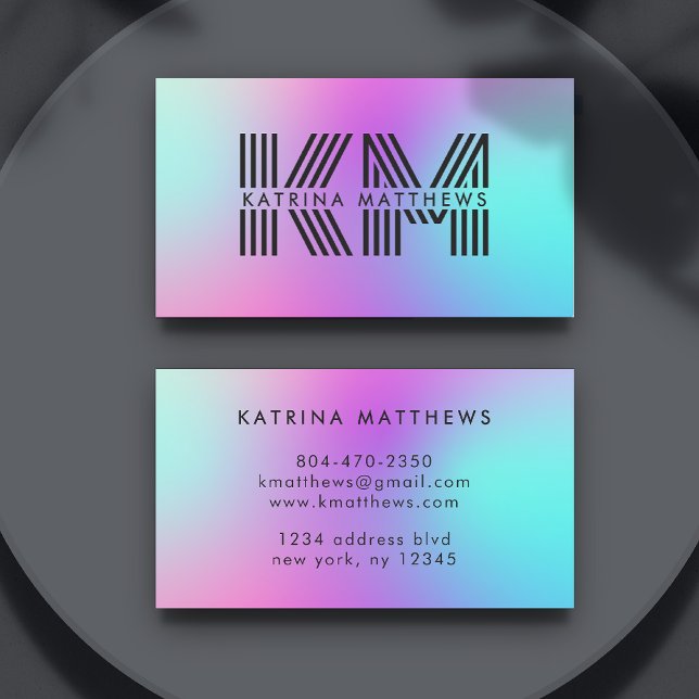 Tarjeta De Visita Monograma Neón Azul Rosa y Morado Ombre (Neon Pink Blue & Purple Ombre Monogram Business Card
)