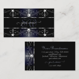 Tarjeta De Visita Monograma Noble Black Blue Ornate Borders Diamonds