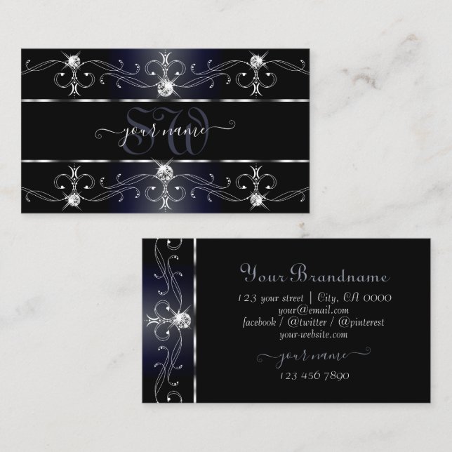 Tarjeta De Visita Monograma Noble Black Blue Ornate Borders Diamonds (Anverso / Reverso)