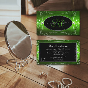 Tarjeta De Visita Monograma Noble Ornate Verde Esparkle Diamantes