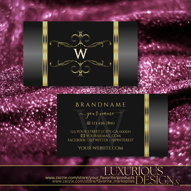 Tarjeta De Visita Monograma ornamental de lujo negro y oro (Subido por el creador)