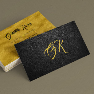 Tarjeta De Visita Monograma oro negro minimalista de cuero metalizad