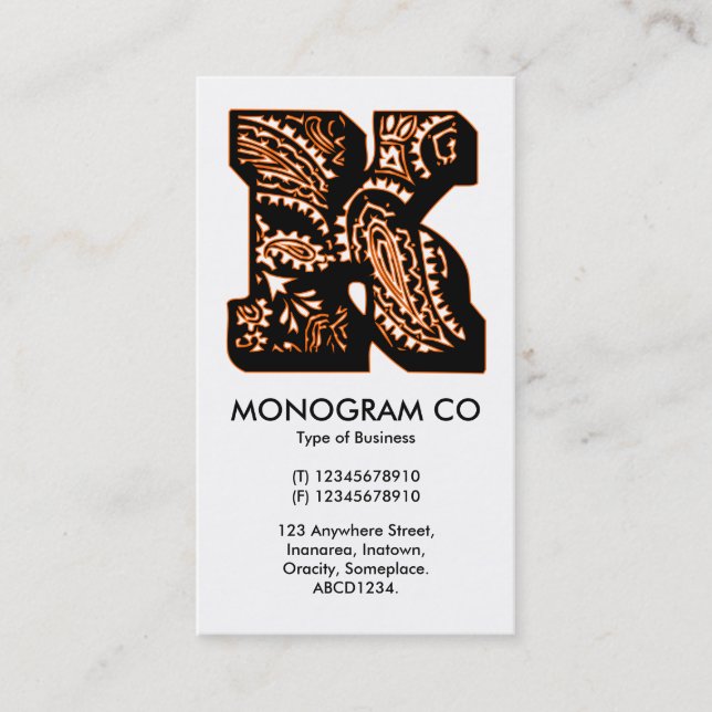 Tarjeta De Visita Monograma Paisley - K (Anverso)