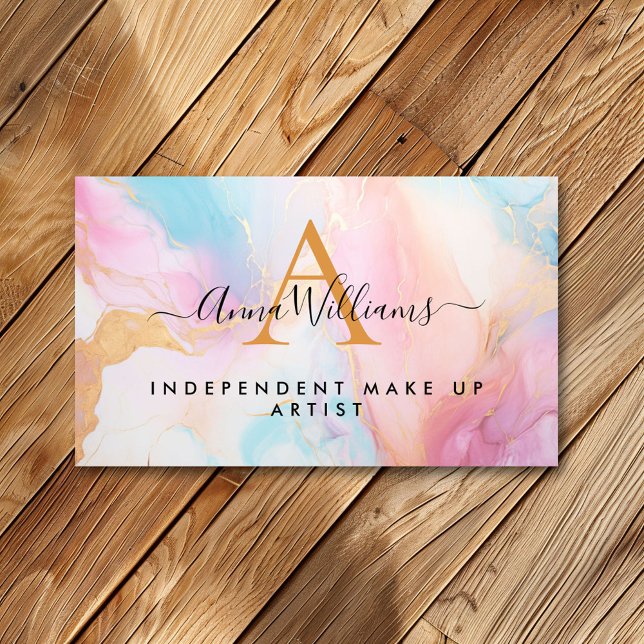 Tarjeta De Visita Monograma Pastel Arcoiris y Mármol Moderno Oro (Subido por el creador)