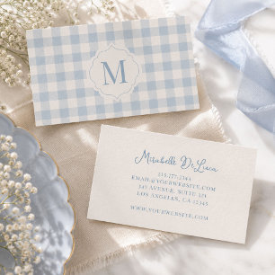 Tarjeta De Visita Monograma personalizado Coquette Azul Gingham
