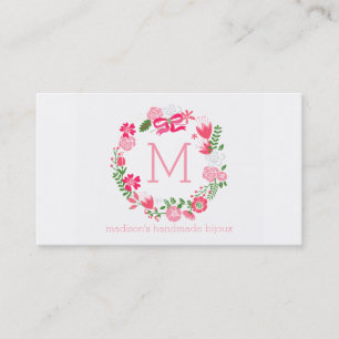 Tarjeta De Visita Monograma personalizado guirnalda floral rosada