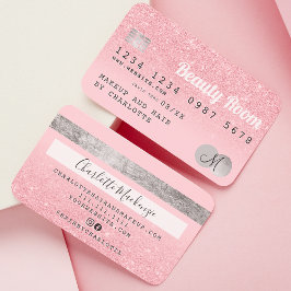 Tarjeta De Visita Monograma plateado de belleza purpurina rosa de ta