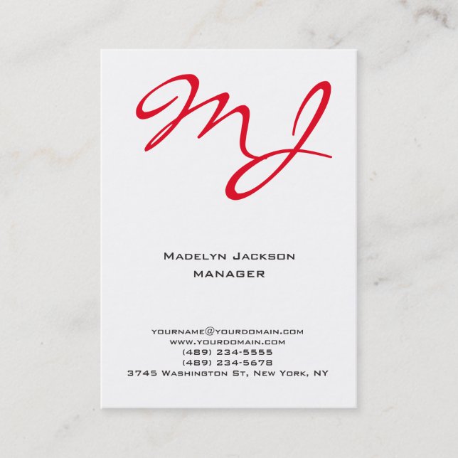 Tarjeta De Visita Monograma profesional blanco y rojo moderno (Anverso)