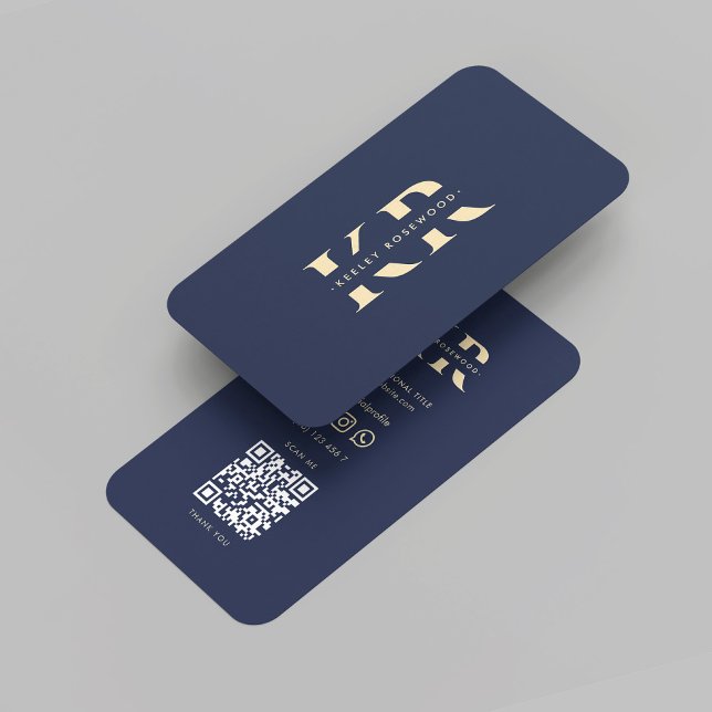 Tarjeta De Visita Monograma profesional moderno Elegante Azul oscuro (Modern Professional Monogram Elegant Dark Blue Gold Initials QR code Letter K R Business Card
)