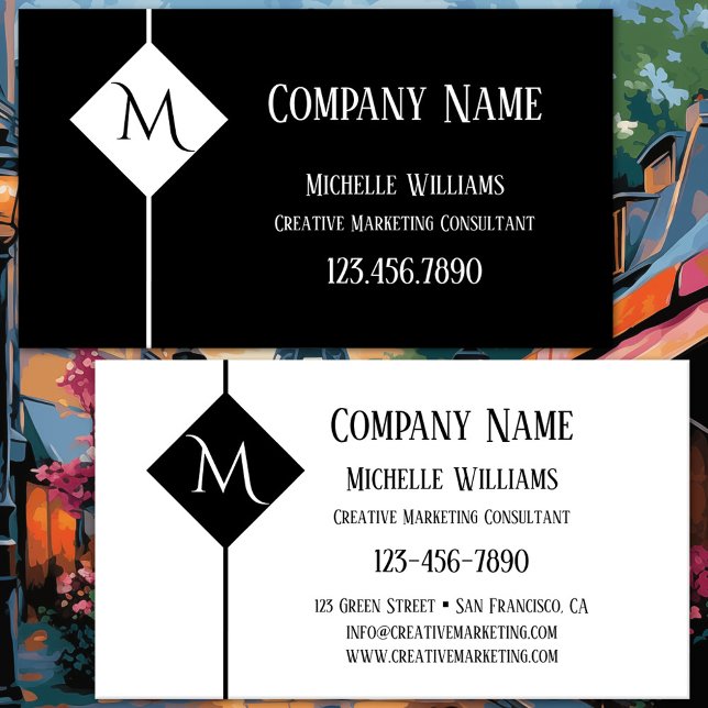 Tarjeta De Visita Monograma profesional simple en blanco y negro (Business card featuring a minimalist black and white design with custom shapes - creative marketing)