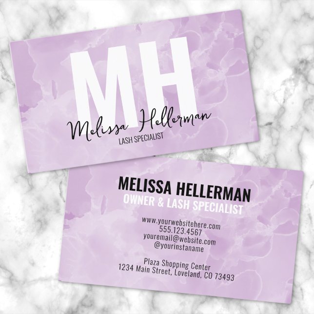 Tarjeta De Visita Monograma púrpura acuarela moderna (Chic Modern Watercolor Purple Monogram Business Card)