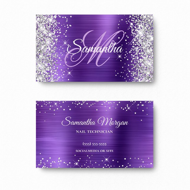 Tarjeta De Visita Monograma púrpura de Relieve metalizado Ametista P (Silver Glitter Amethyst Foil Purple Monogram Business Card)