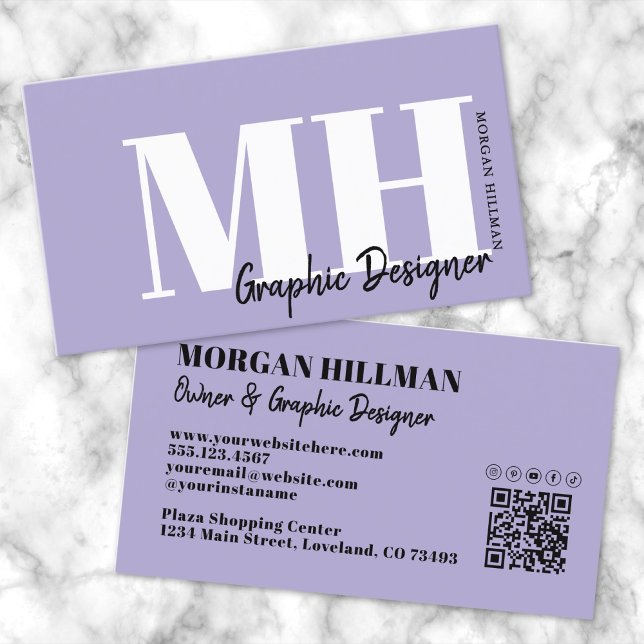 Tarjeta De Visita Monograma púrpura del código QR de Lavender (Lavender QR Code Purple Monogram Business Card )