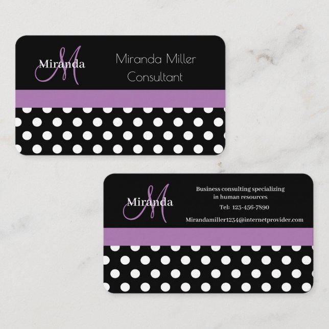 Tarjeta De Visita Monograma púrpura Punto de Polka Blanco Negro (Anverso / Reverso)