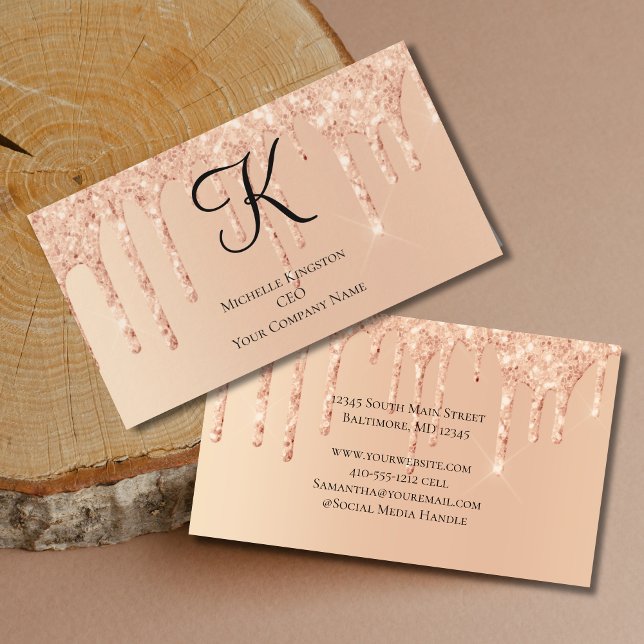 Tarjeta De Visita Monograma Purpurina de goteo de bolas Glam Mujeres (Monogram Peach Dripping Glitter Feminine Glam Trendy Business Cards.)