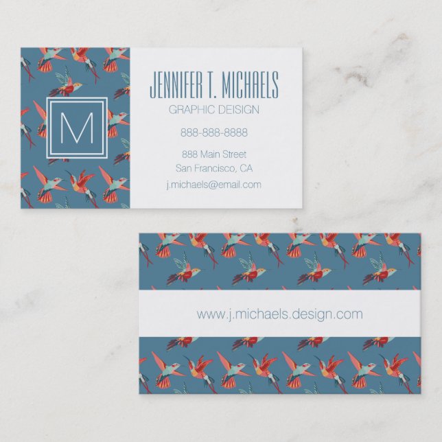 Tarjeta De Visita Monograma retro del modelo el | del colibrí (Anverso / Reverso)