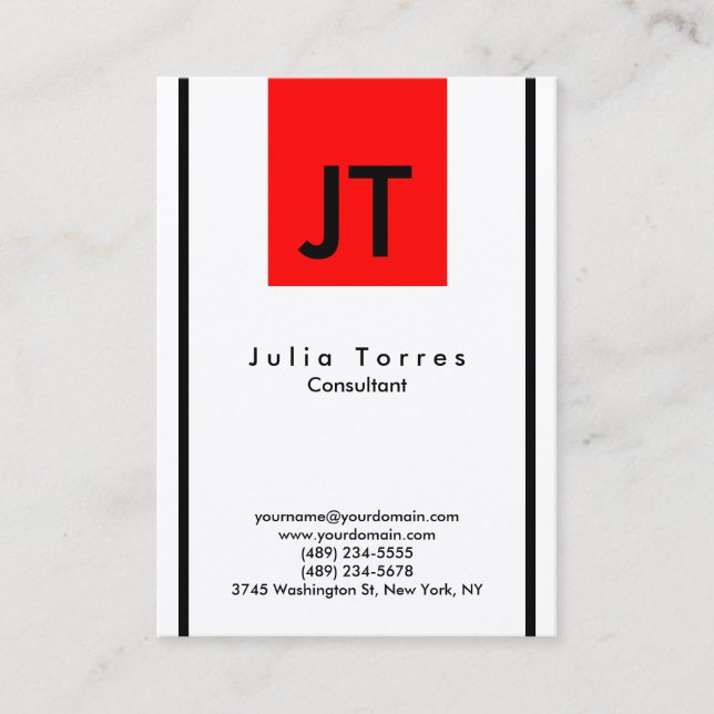 Tarjeta De Visita Monograma rojo blanco negro moderno de moda (Anverso)
