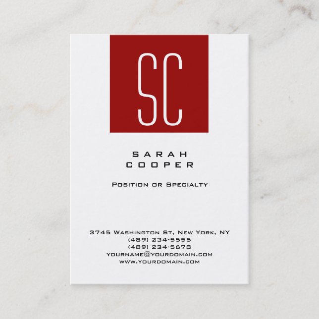 Tarjeta De Visita Monograma rojo blanco simple Profesional limpio (Anverso)