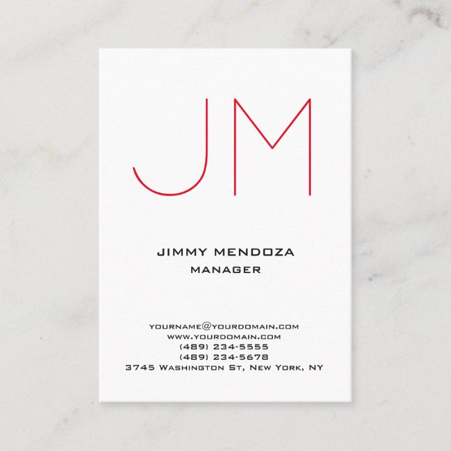 Tarjeta De Visita Monograma rojo blanco simple y moderno (Anverso)