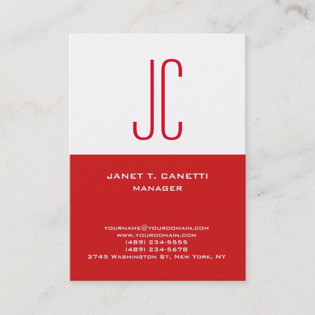 Tarjeta De Visita Monograma rojo blanco simple y moderno (Anverso)