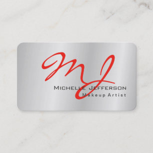 Tarjeta De Visita Monograma rojo gris plateado de artista de maquill