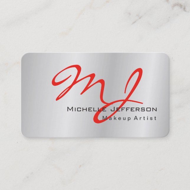 Tarjeta De Visita Monograma rojo gris plateado de artista de maquill (Anverso)