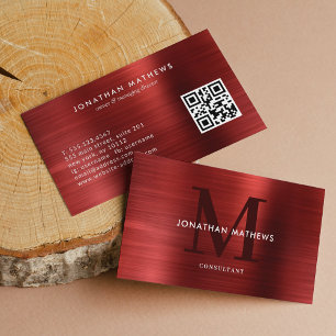 Tarjeta De Visita Monograma rojo metálico cepillado del código QR mo