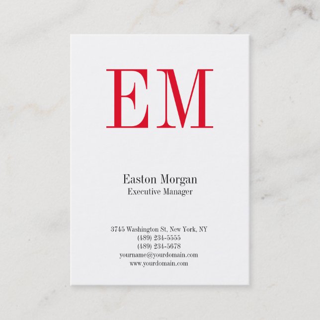 Tarjeta De Visita Monograma rojo profesional blanco y vertical único (Anverso)