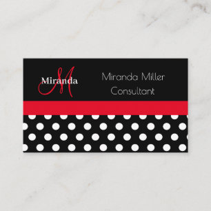 Tarjeta De Visita Monograma rojo Punto de Polka Blanco Negro