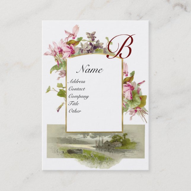 Tarjeta De Visita MONOGRAMA ROMÁNTICO,Blanco verde rosado de ciclame (Anverso)